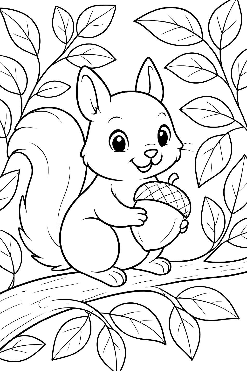Cheerful Cartoon Squirrel Holding Acorn on Tree Branch Coloring Book Page