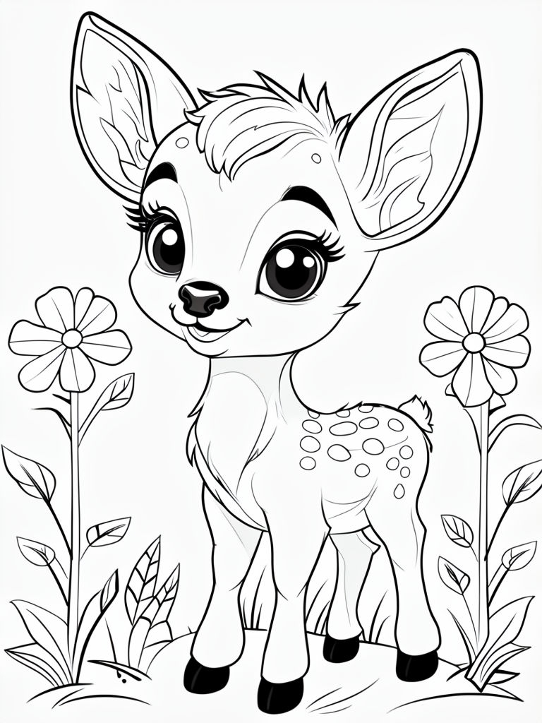 Cute Cartoon Baby Deer with Flowers Coloring Page