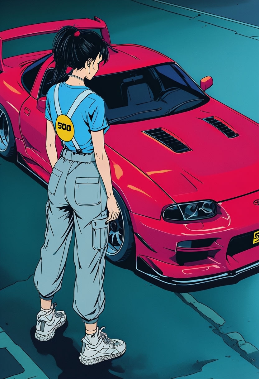 Cyberpunk Young Woman with Red Sports Car Illustration Art
