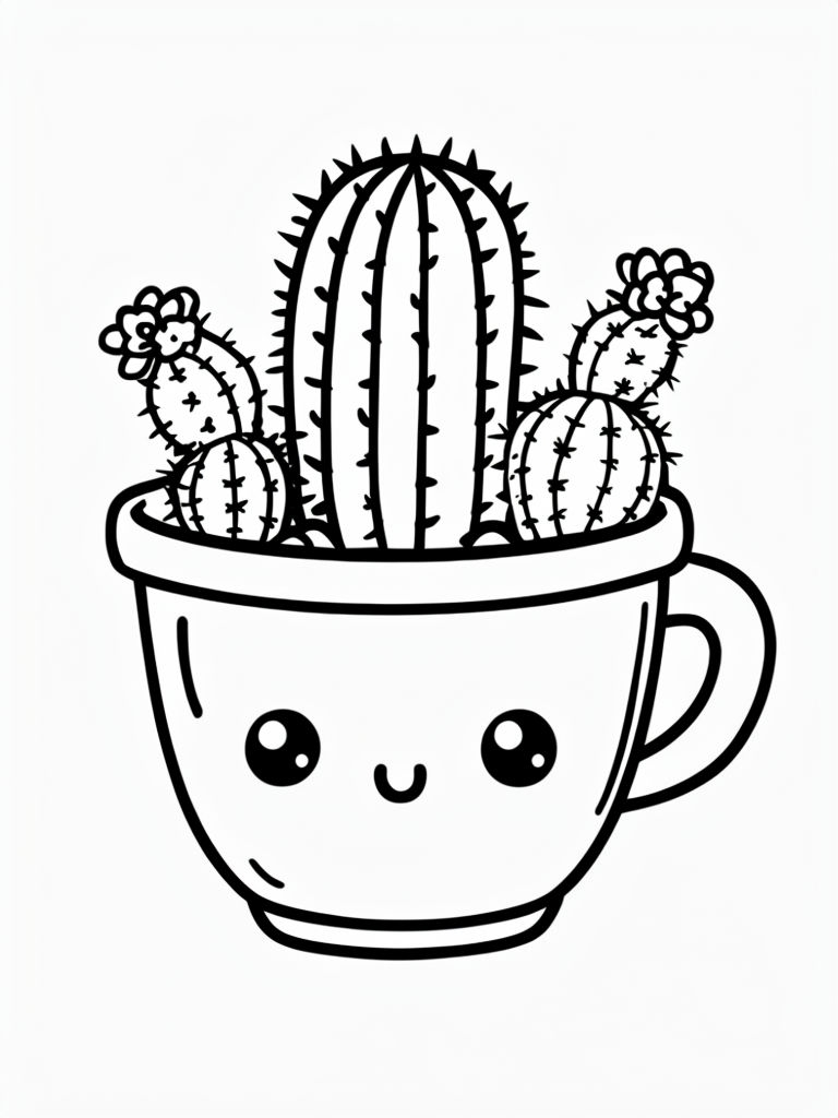 Cute Kawaii Coffee Cup Planter with Cacti Line Drawing Coloring Book Pages