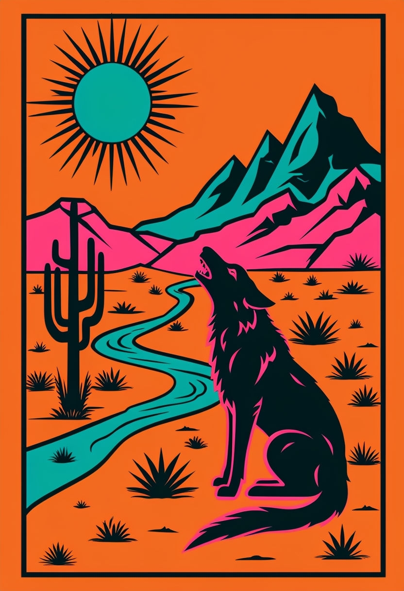 Vibrant Minimalist Desert Wolf Illustration Art