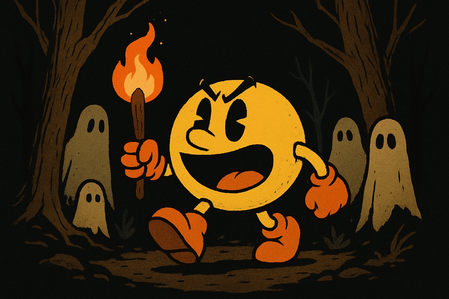 Pac-Man in Dark Forest Night Illustration with Ghostly Figures Art