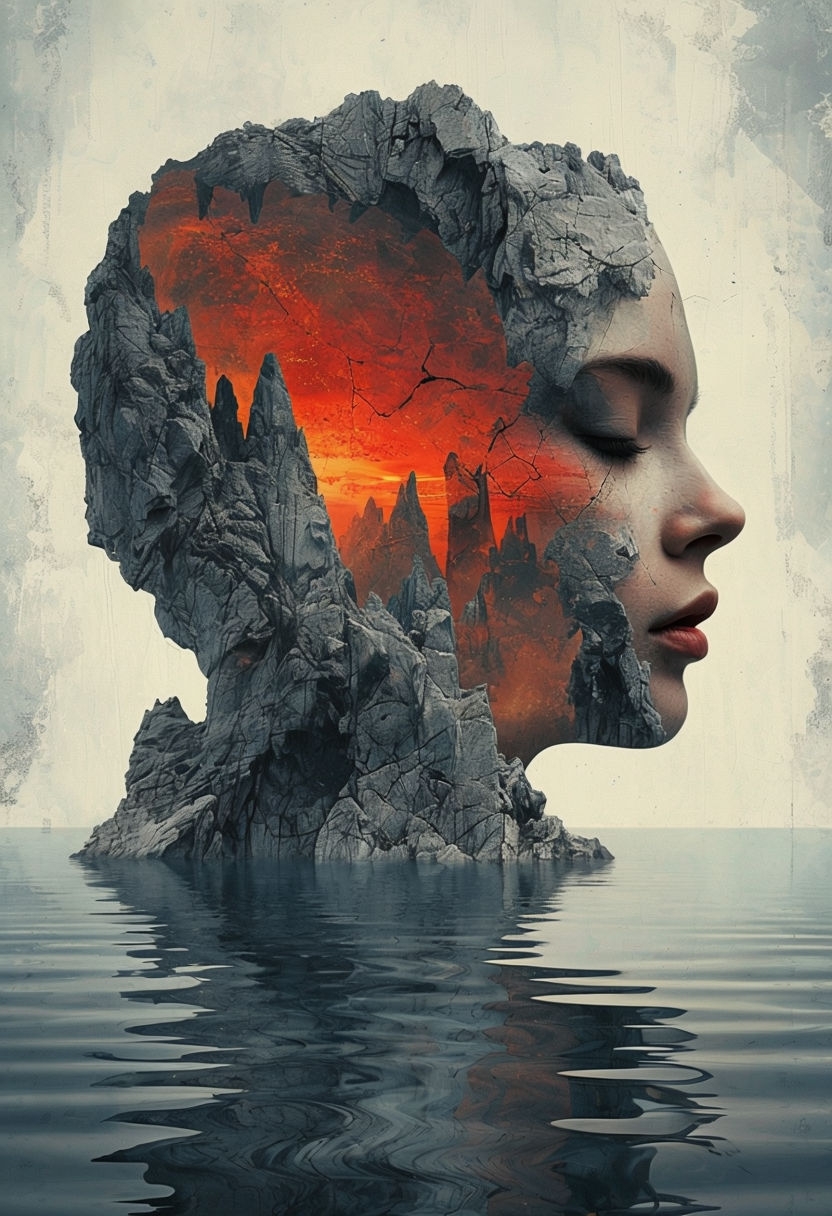 Surreal Human Head Silhouette with Vibrant Sunset Reflection Art