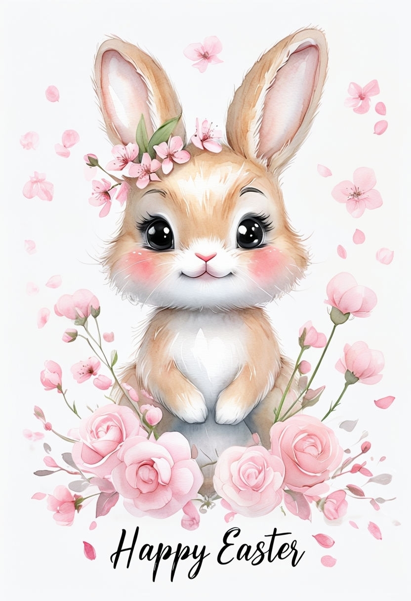 Adorable Watercolor Bunny with Cherry Blossoms for Happy Easter Card