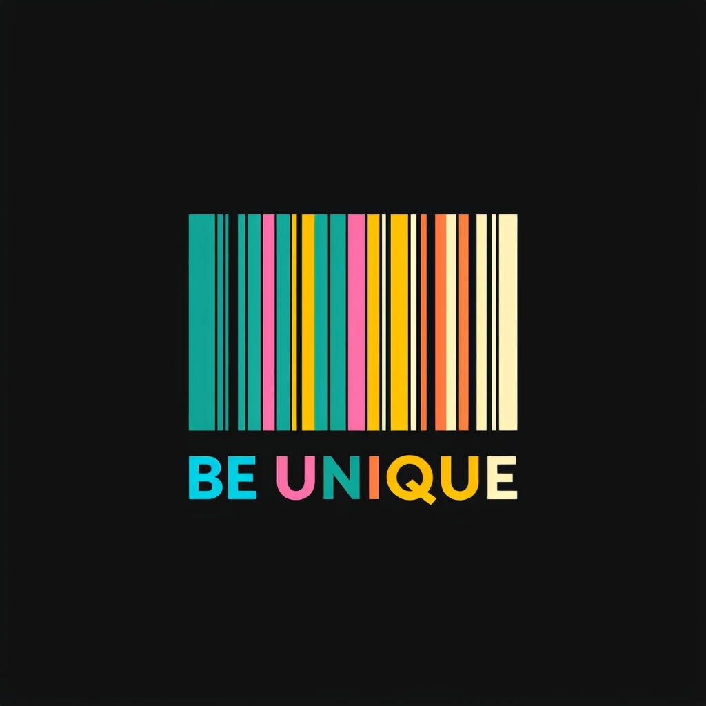 Colorful Minimalist Barcode Design with 'BE UNIQUE' T-Shirt