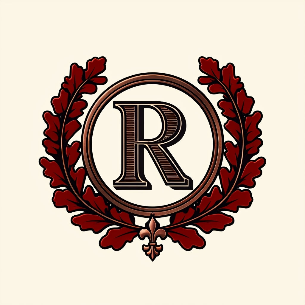 Elegant Vintage Letter R Logo Design with Wreath and Fleur-de-Lis Monogram