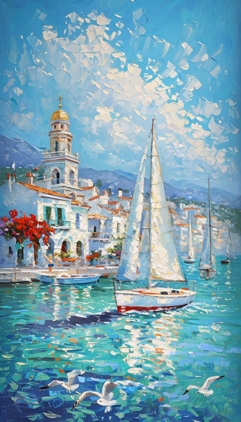 Vibrant Impressionist Coastal Scene with Sailboats Art