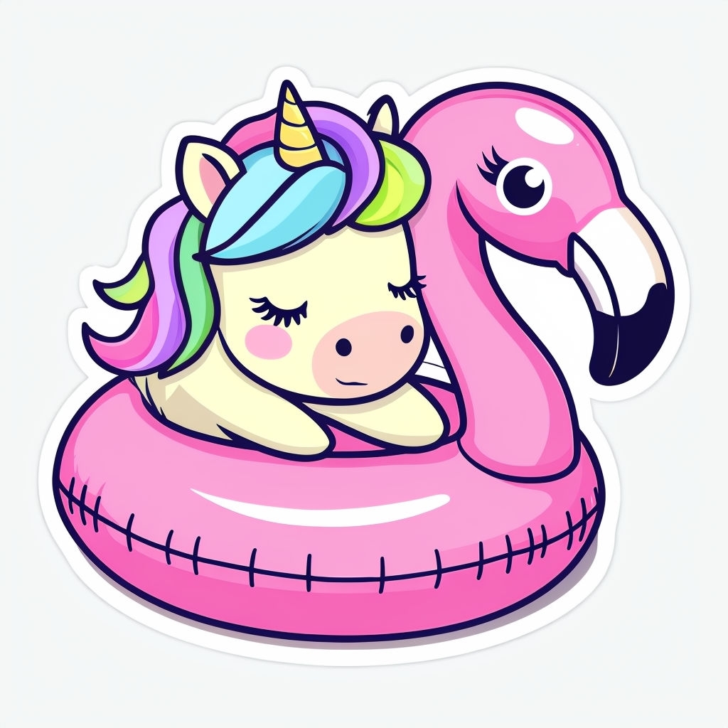 Cute Cartoon Unicorn on Flamingo Pool Float Sticker