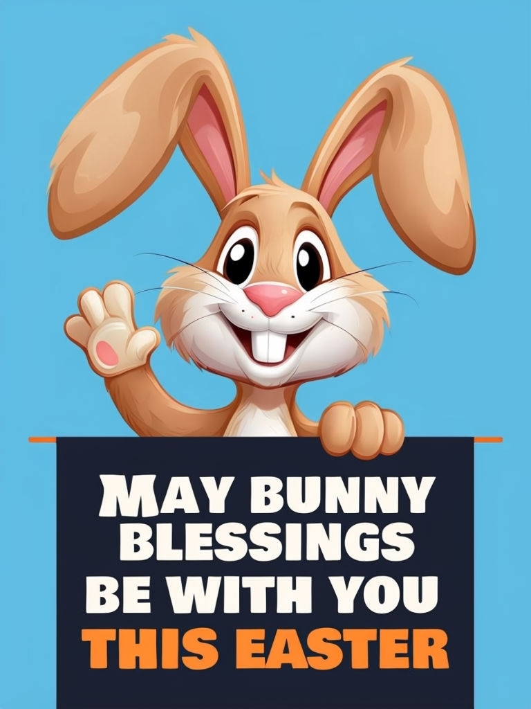 Cheerful Cartoon Bunny with Easter Blessings Banner Social Media Post