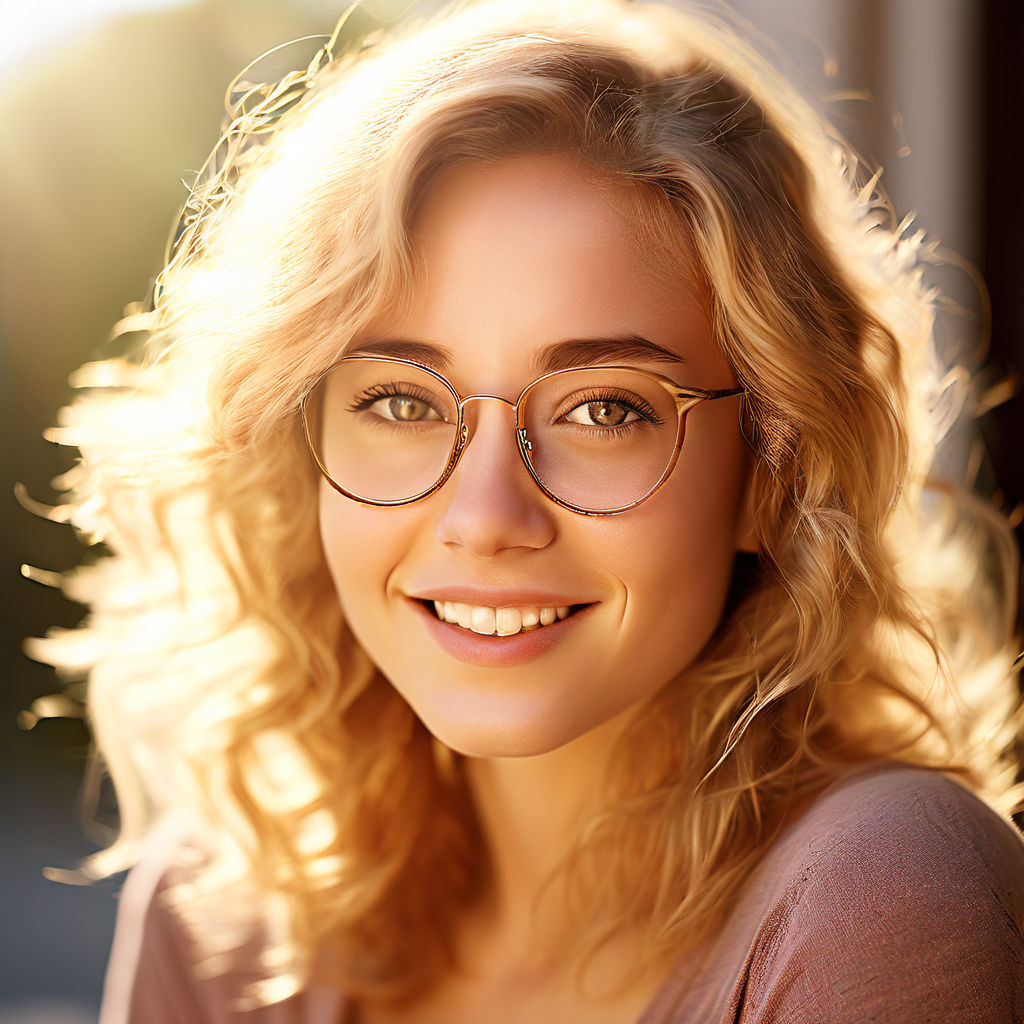 National Geographic sharp-focus color-photograph of popular-young-actress!!!  as a friendly 30-yo woman stunningly beautiful blonde with glasses sexy  smile