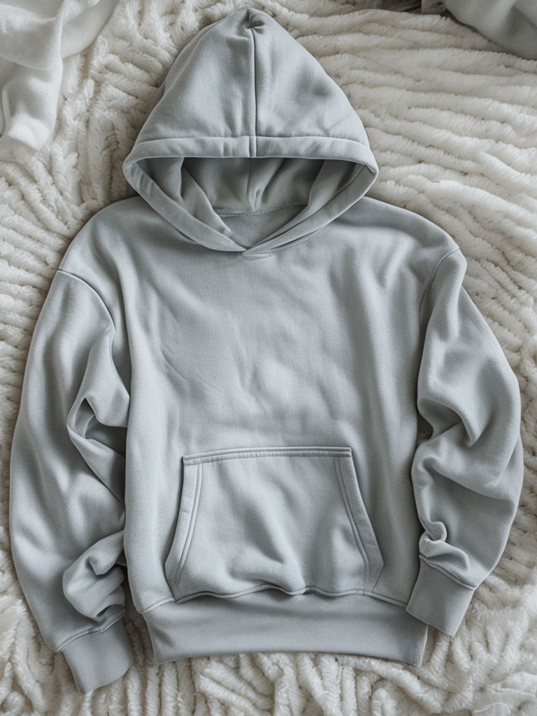 Light Grey Oversized Hoodie Flat Lay Mockup on Plush Carpet