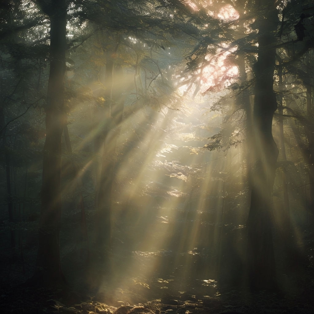 Dappled Sunlight in Enchanted Forest Scene Social Media Post