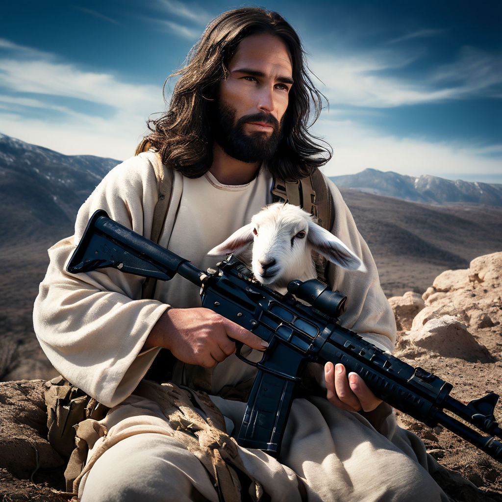 Jesus Christ with a lamb and m16 rifle by James - Playground