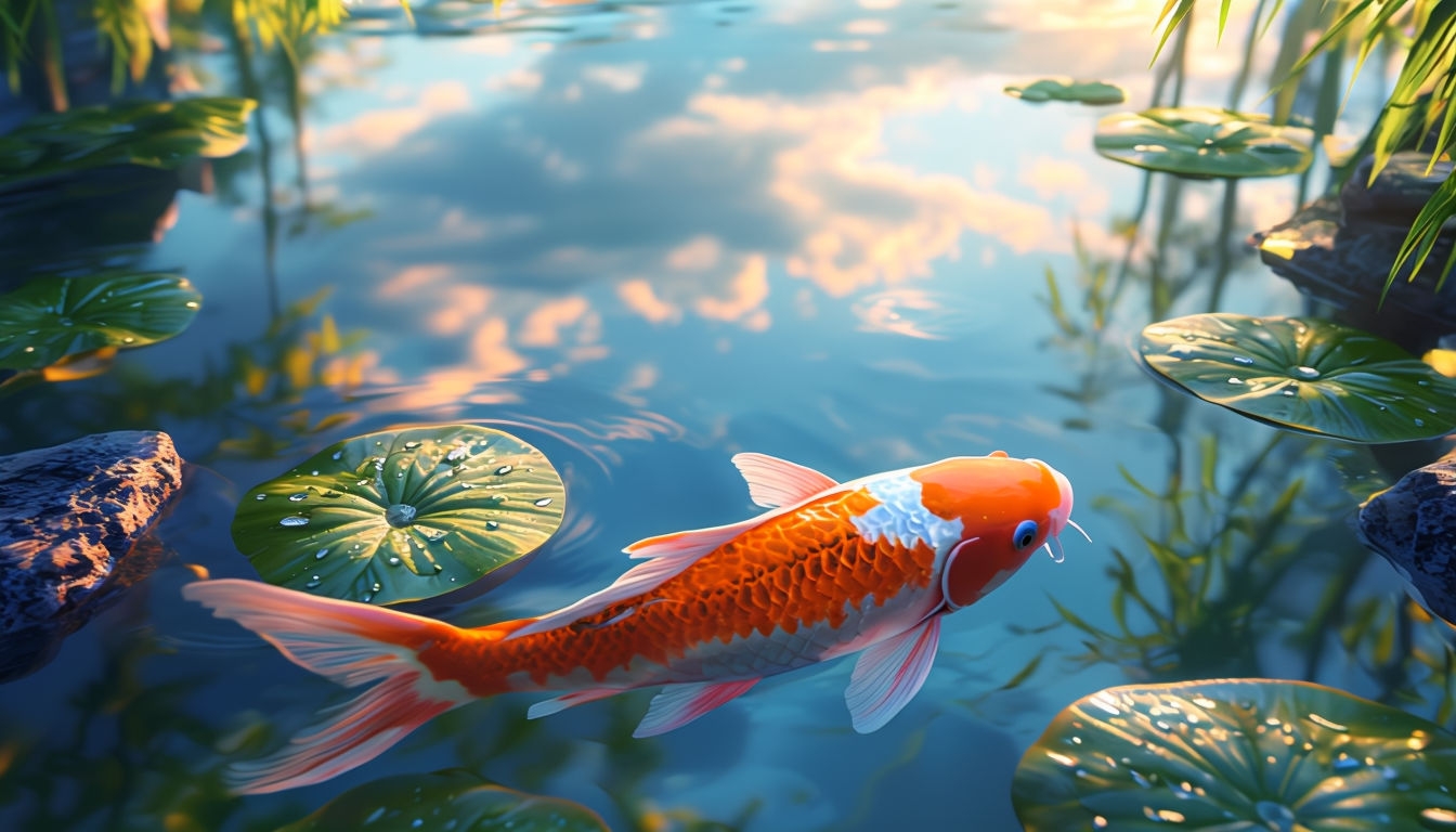 Serene Koi Pond at Dawn with Reflective Water Backgrounds