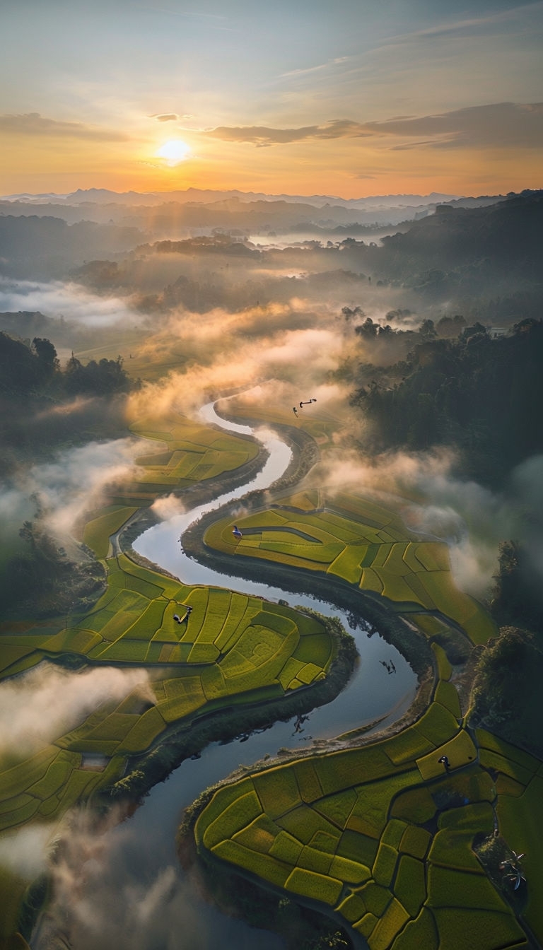 Serpentine River at Sunrise Over Lush Rice Terraces Mobile Wallpaper