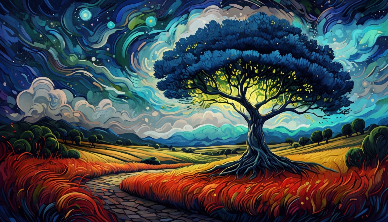 Mystical Van Gogh-Inspired Landscape Digital Artwork Background