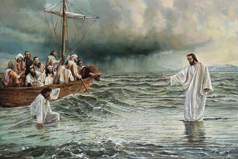 Apostles in boat jesus offering his hand to the apostle who ... by ...