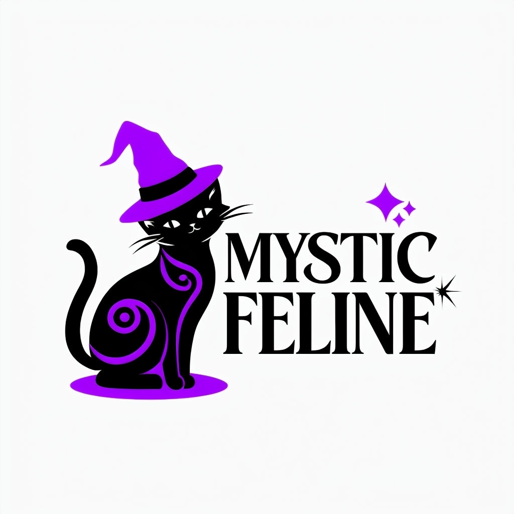 Whimsical Black Cat Mystic Logo with Vibrant Purple Accents