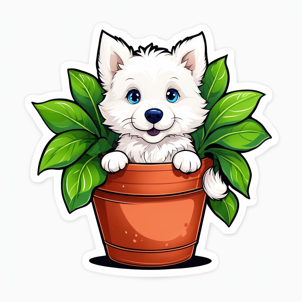 Fluffy White Dog Peeking from Terracotta Pot Sticker