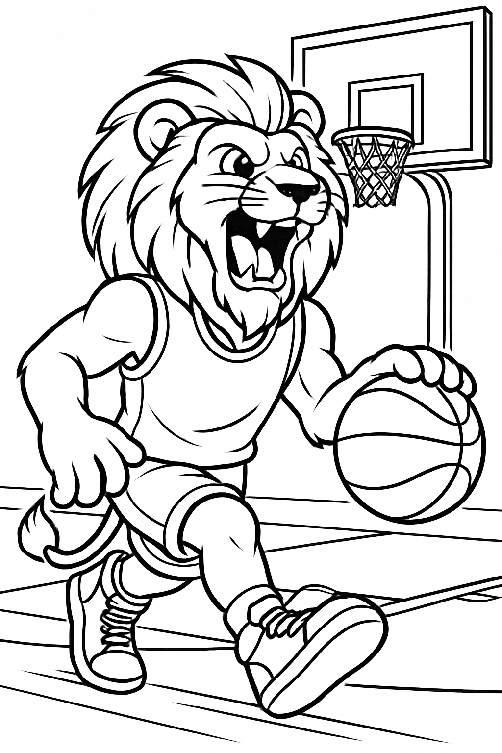 Energetic Cartoon Lion Mascot with Basketball Coloring Page