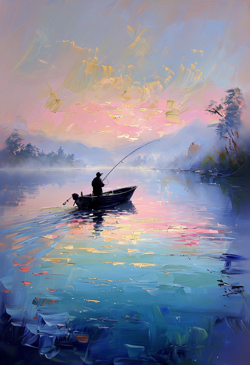 Tranquil Dawn Lake Scene with Fisherman Oil Painting Poster