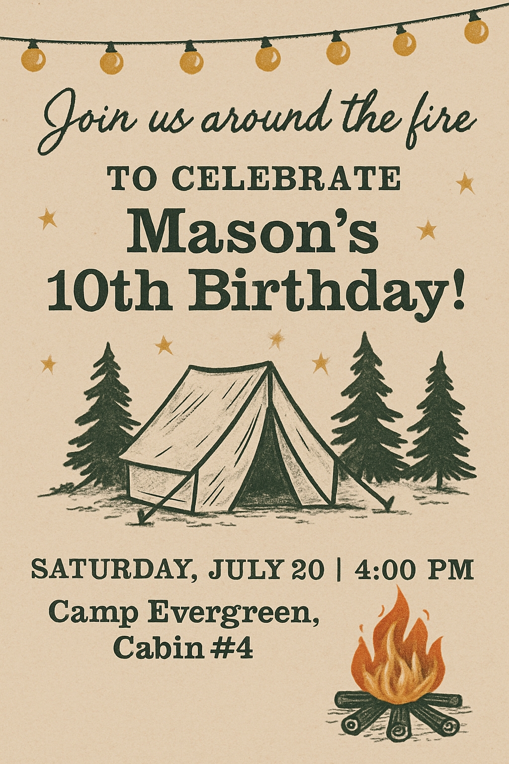 Vintage Camping Birthday Invitation for Mason's 10th Celebration Cards & Invites