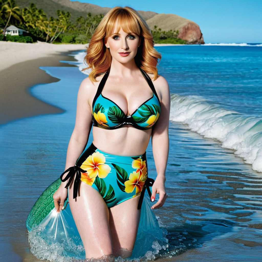 Melissa Rauch possing at the beach for a bikini magazine. full height  profile. she has very large oversized breasts