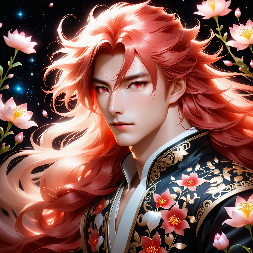 anime male with red flowy hair and red eyes