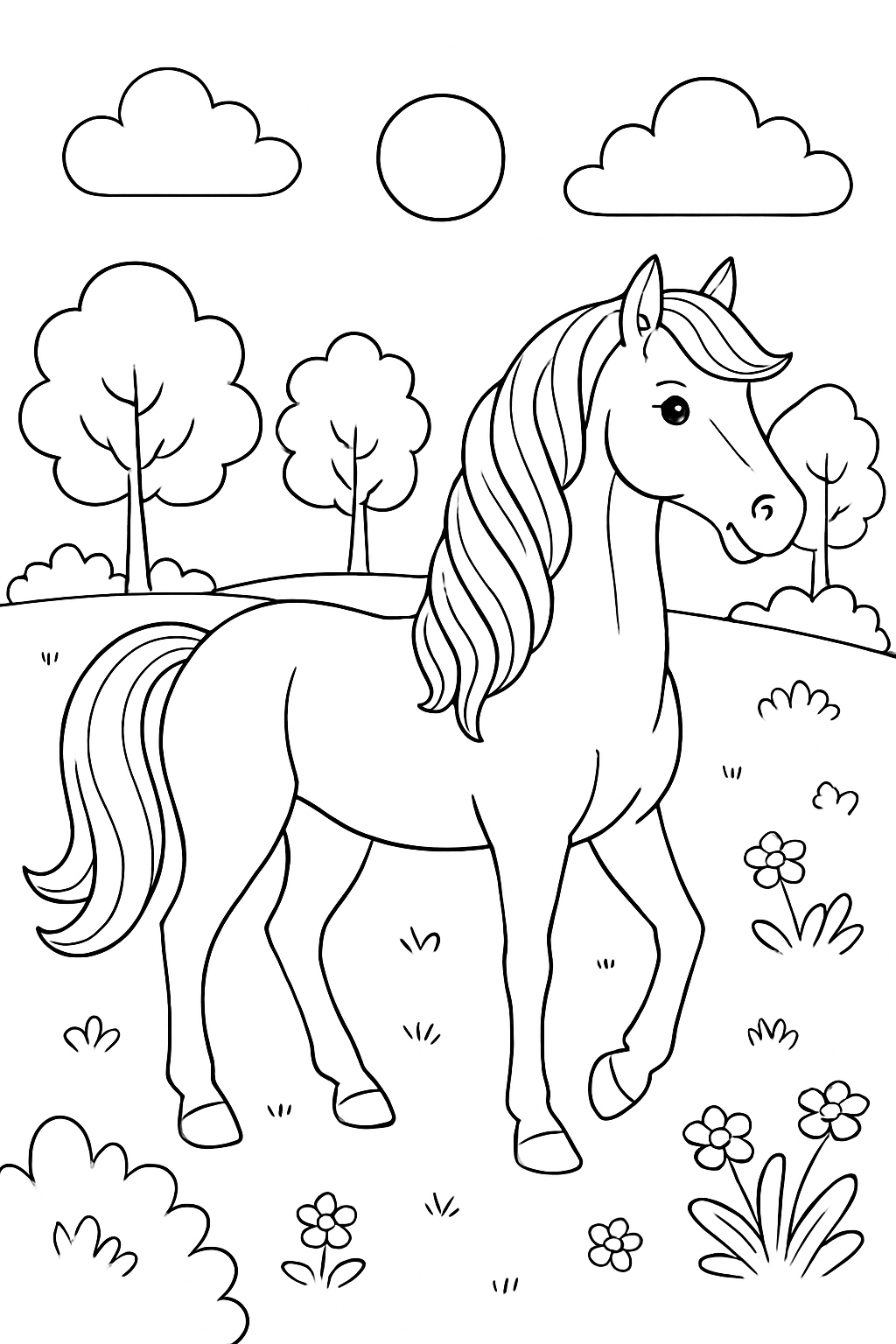 black-and-white line art illustration of a horse