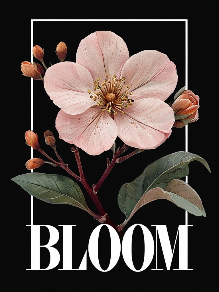 Elegant Pink Flower Illustration with Bloom Text T-Shirt