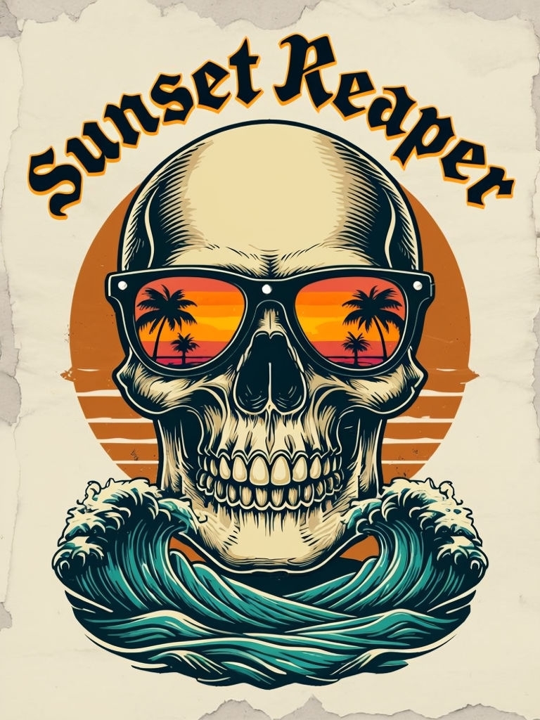 Vintage Sunset Reaper Skull T-Shirt Design with Palm Trees