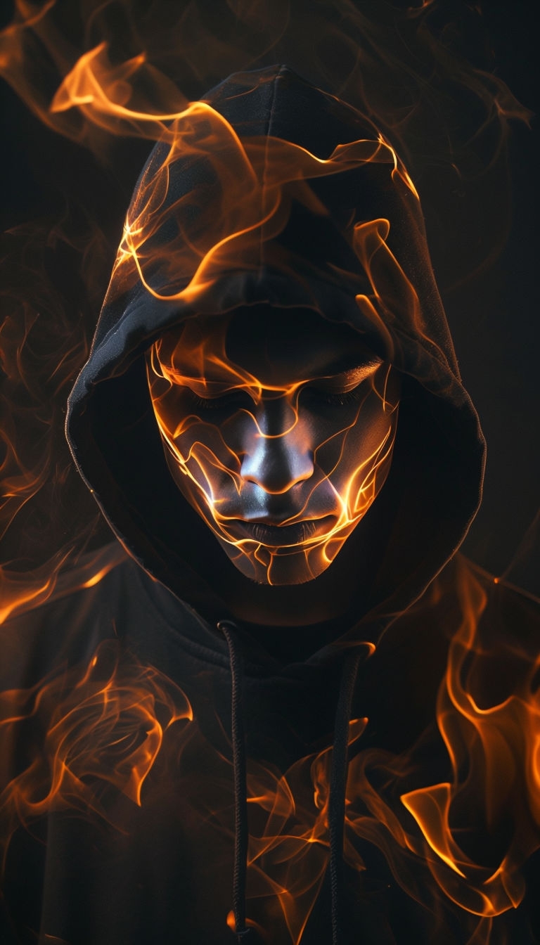 Mysterious Hooded Figure Illuminated by Swirling Flames Mobile Wallpaper