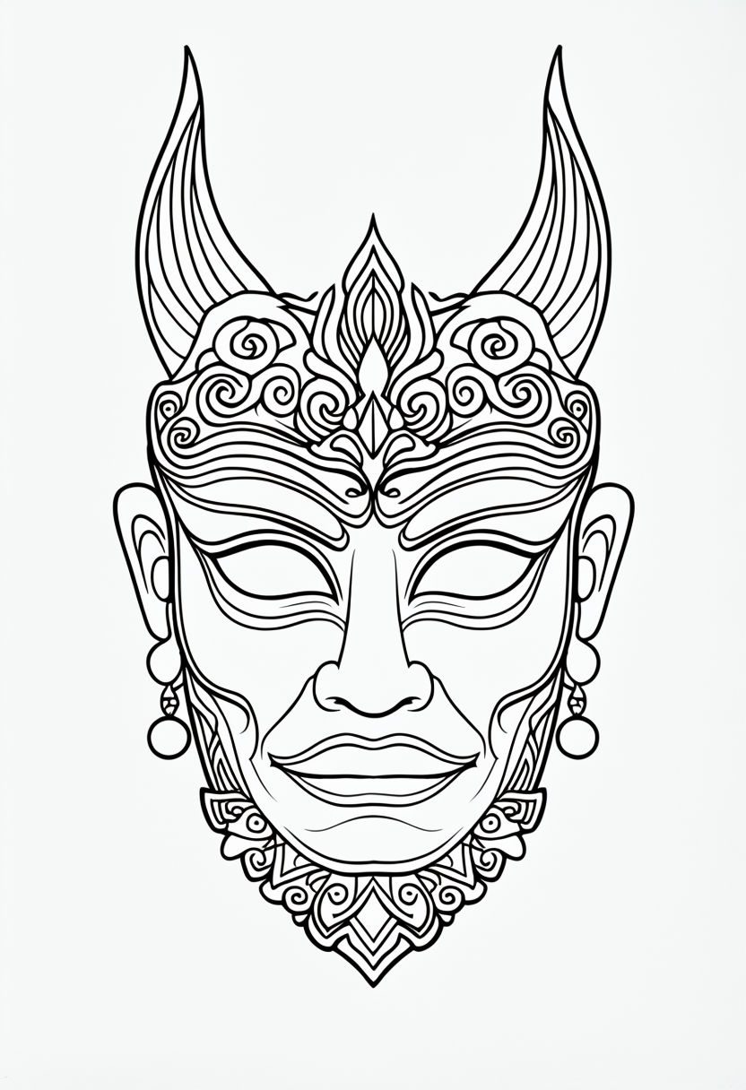 Ornate Black and White Ceremonial Mask Line Art Coloring Page
