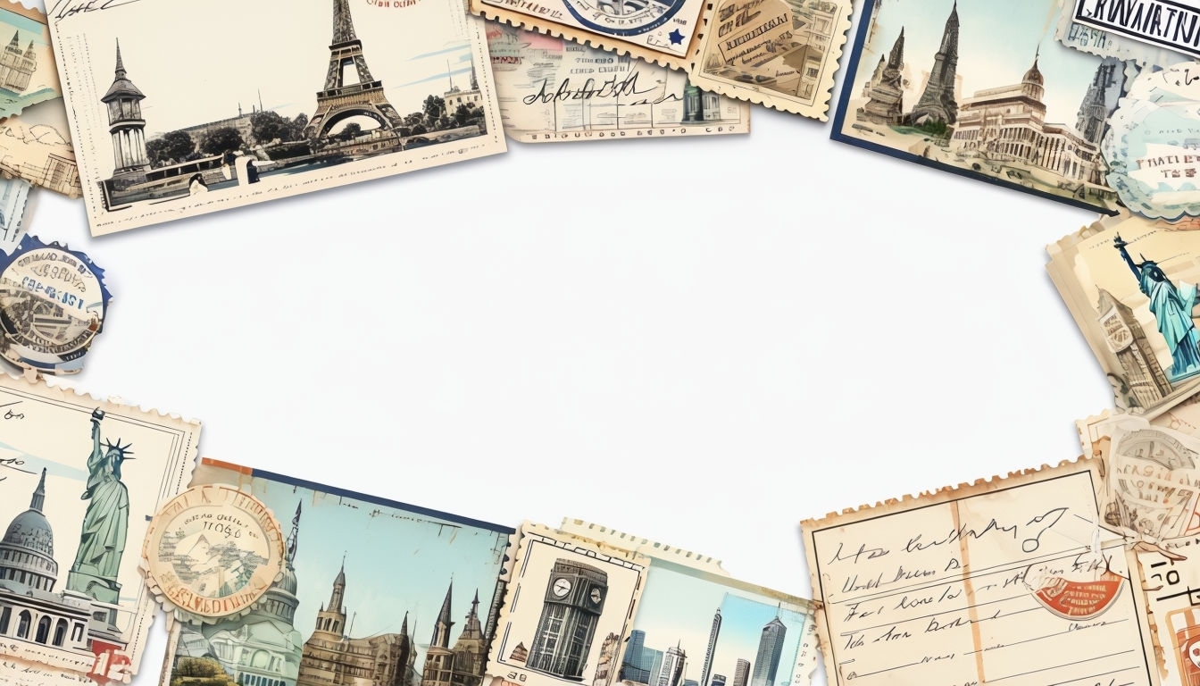 Vintage Travel Postcards Collage Art with Famous Landmarks Poster