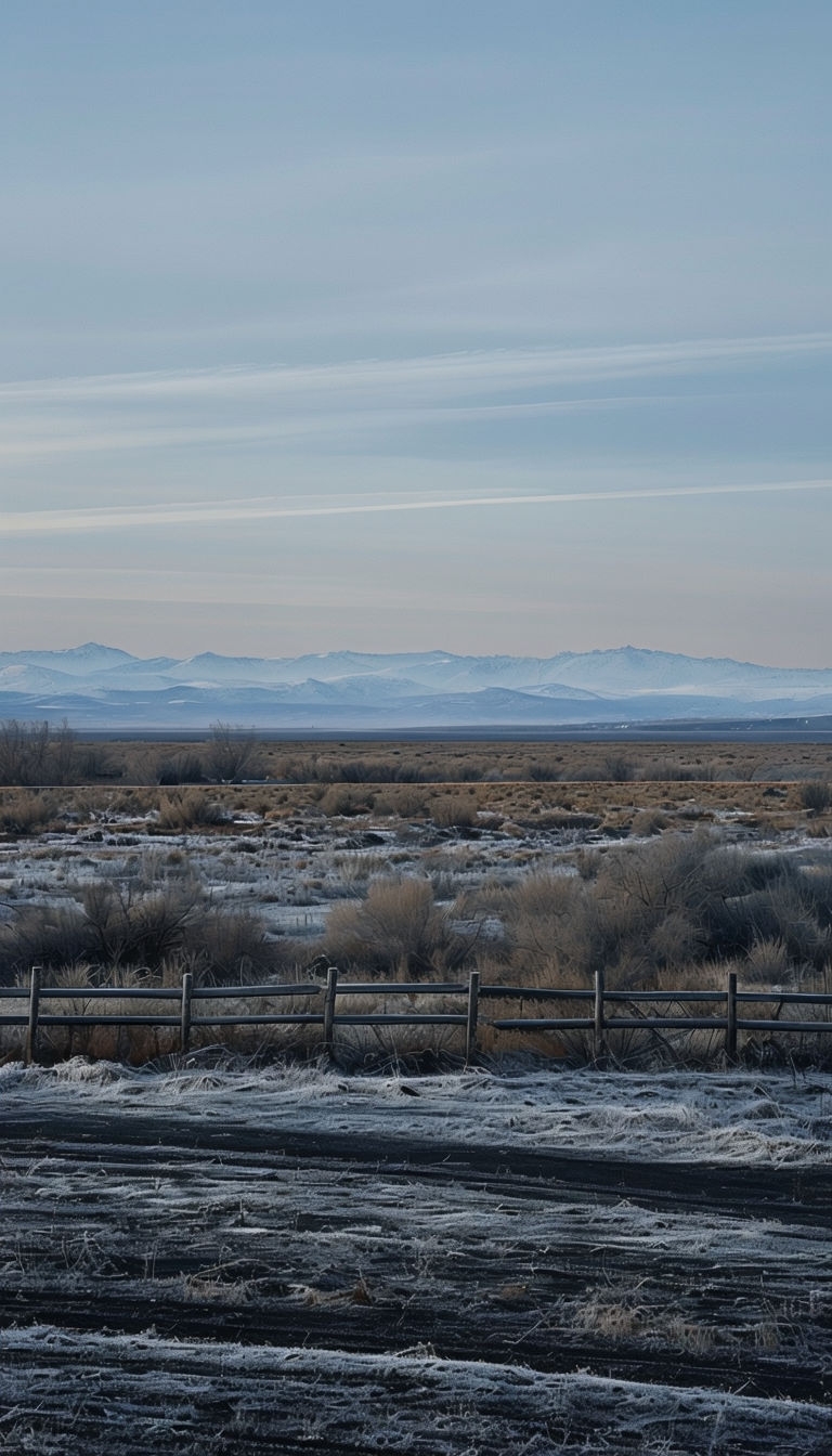 Serene Cold Landscape with Frosty Vegetation and Distant Mountains Mobile Wallpaper