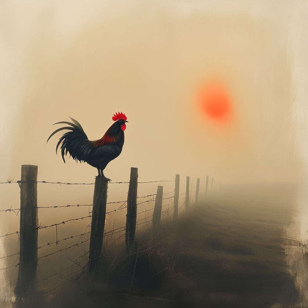 Serene Black Rooster in Foggy Landscape Digital Painting Art