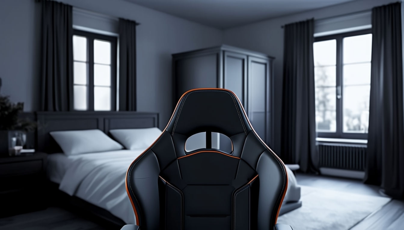Stylish Black Gaming Chair in Minimalist Bedroom Virtual Backgrounds