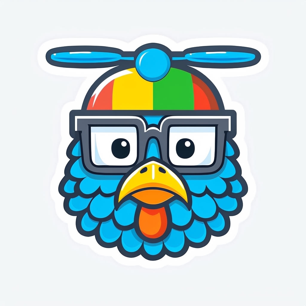 Vibrant Cartoon Bird Face with Glasses and Whimsical Helmet Sticker