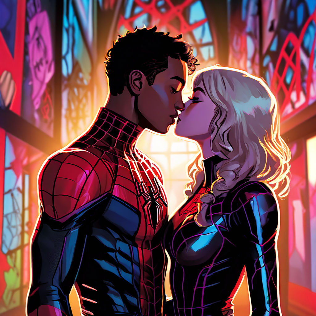 Spider man resting kissing on the lips of an girl . HD