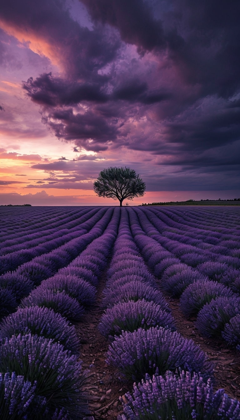 Tranquil Lavender Field Under Dramatic Twilight Sky Mobile Wallpaper