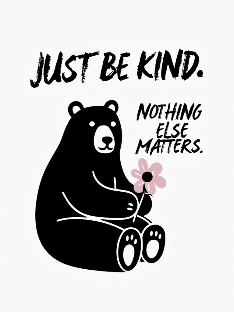 Minimalist Bear Holding Flower with Uplifting Message Poster