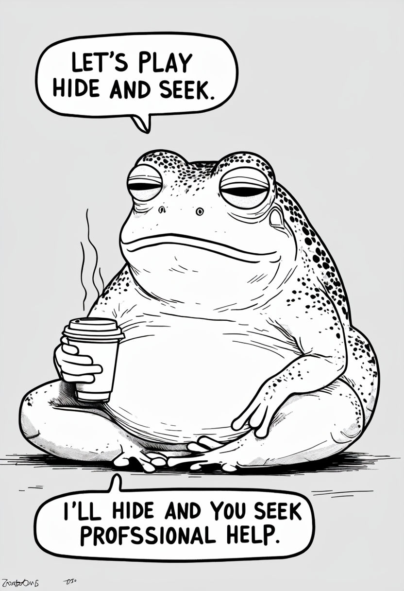 Sarcastic Frog Holding Coffee with Humorous Speech Bubbles Illustration Memes