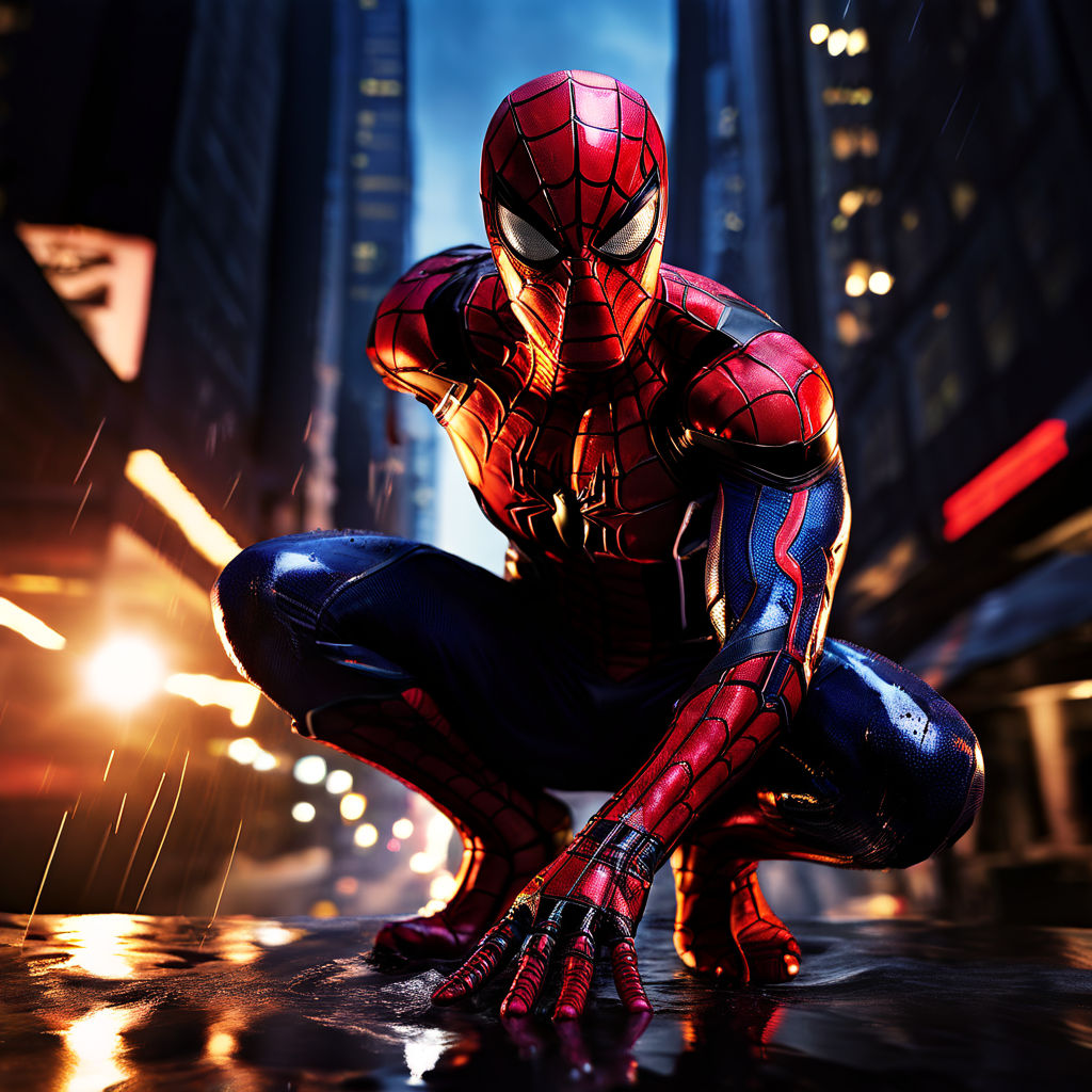 Spiderman crouched atop a rain-slick skyscraper by Luis - Playground