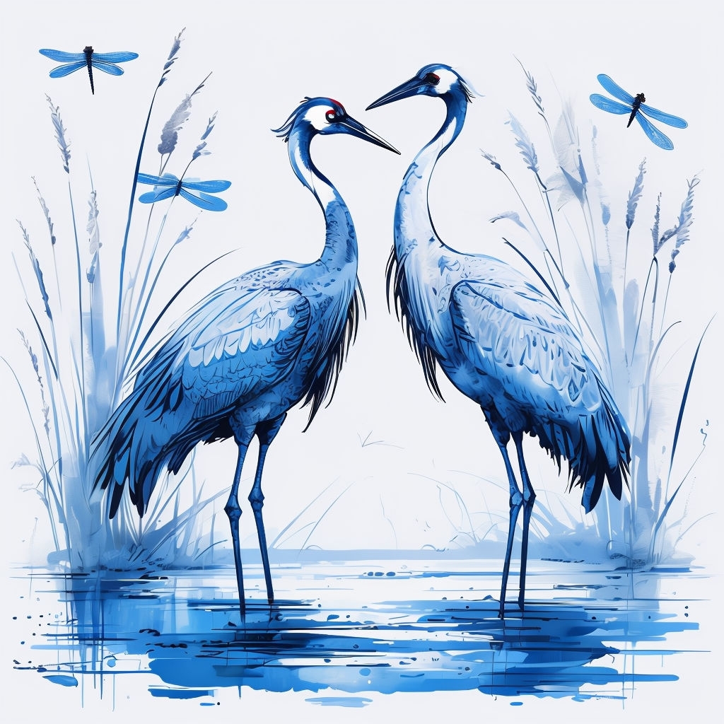 Elegant Blue Cranes in Water with Dragonflies Mug