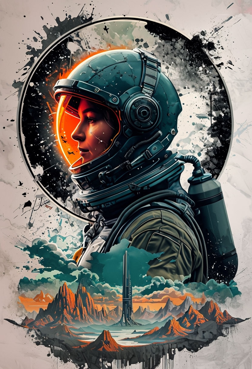 Astronaut in Profile with Alien Landscape and Cosmic Effects Poster