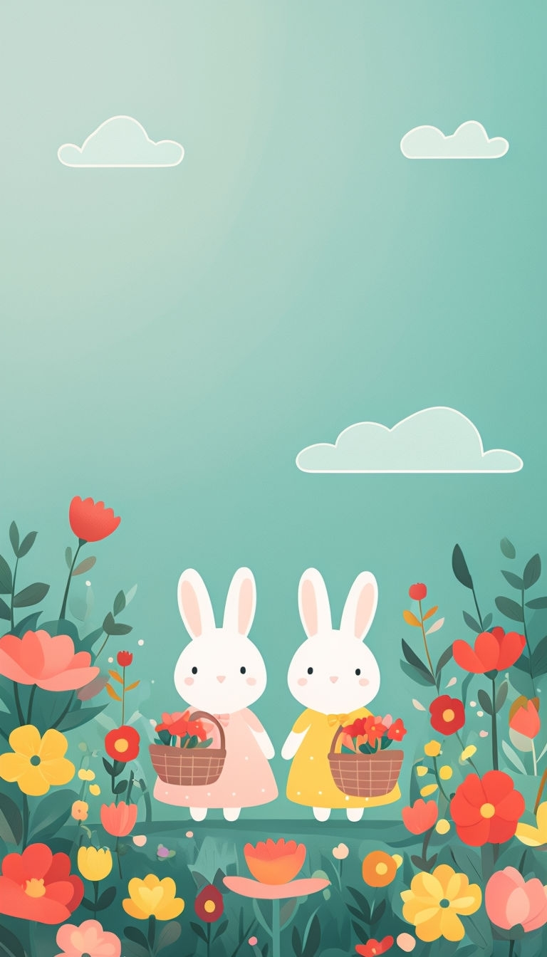 Whimsical Cartoon Bunnies in Flower Field Illustration Social Media Post