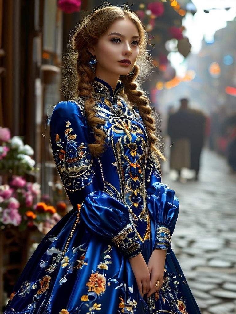 portrait perfect woman long blonde hair silver eyes medium breasts wide  hips dressed in blue medieval gown with lace up bodice walking through a  medieval village best quality looking at camera perfect