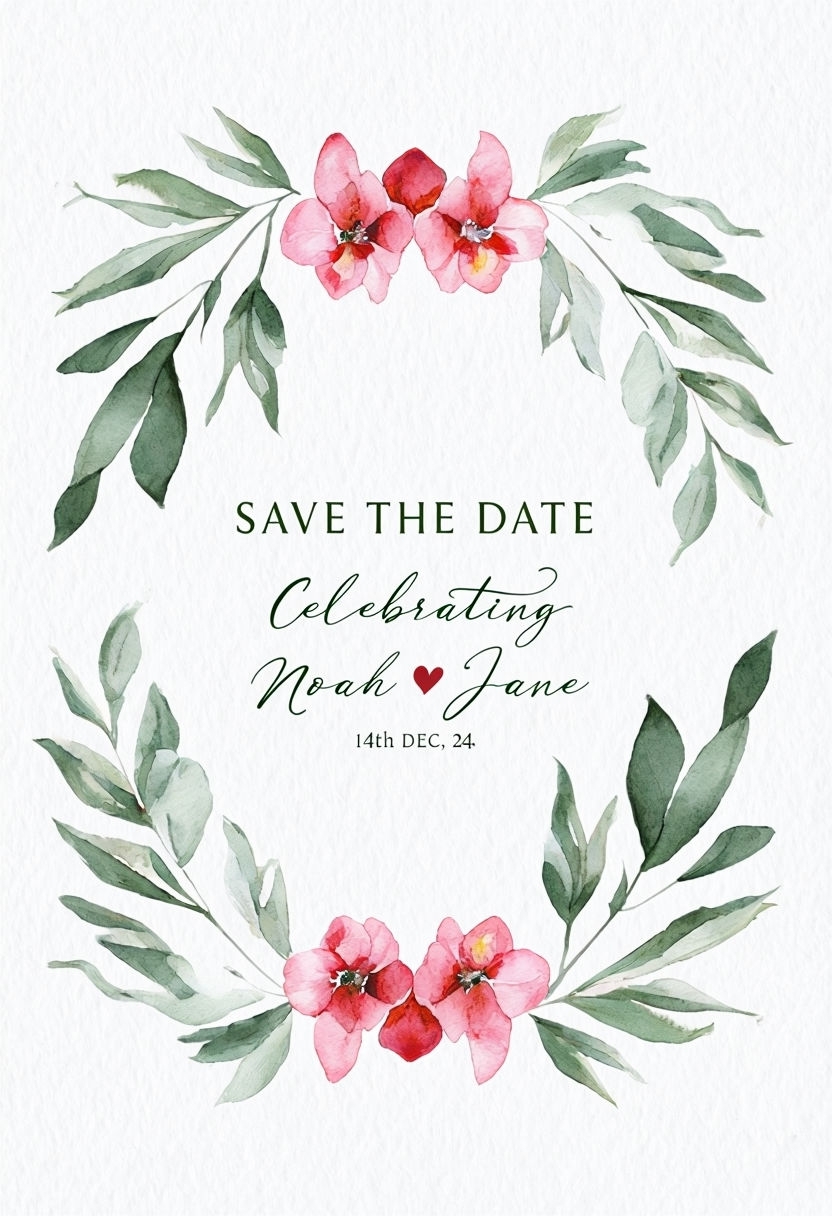 Elegant Watercolor Floral Wreath Save the Date Card Design