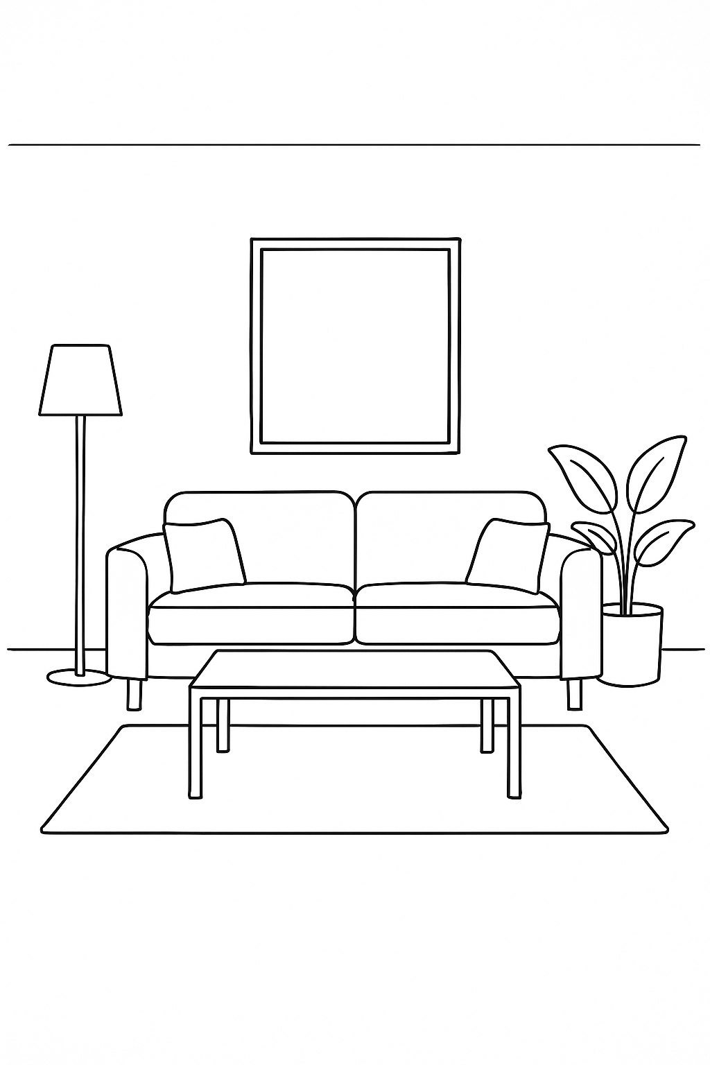 Minimalist Line Drawing of Modern Living Room Design Coloring Book Pages