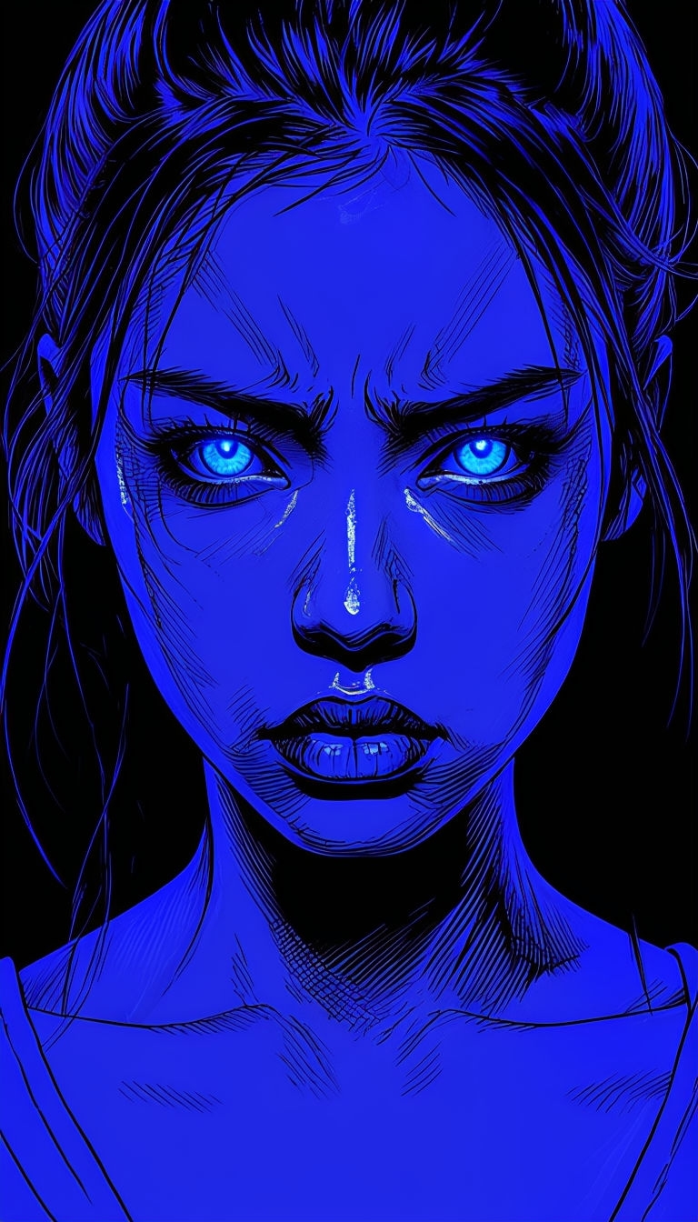 Electric Blue Manga Portrait of a Young Woman Art